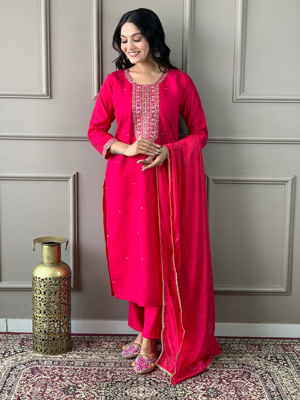 Gorgeous Rani Pink Embroidered Chanderi Silk  Traditional Pant Suit