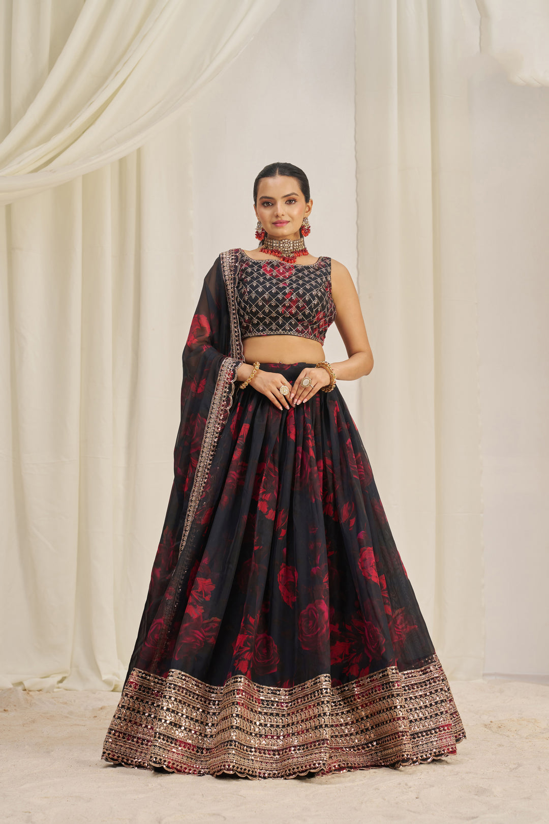 Modern Organza Printed Lehenga | Jari & Dori Work with Sequence Embroidery