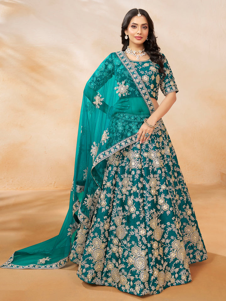 DazzlingÃƒâ€šÃ‚Â Teal Green Embroidered Silk Engagement Wear Lehenga Choli