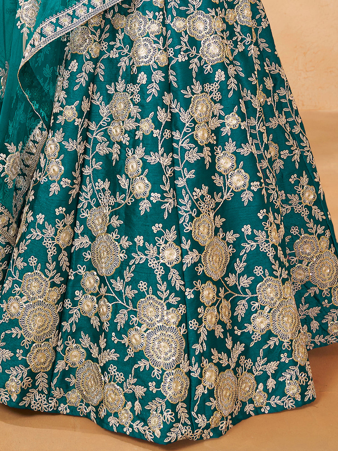 DazzlingÃƒâ€šÃ‚Â Teal Green Embroidered Silk Engagement Wear Lehenga Choli