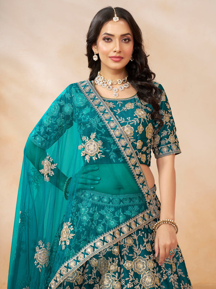 DazzlingÃƒâ€šÃ‚Â Teal Green Embroidered Silk Engagement Wear Lehenga Choli