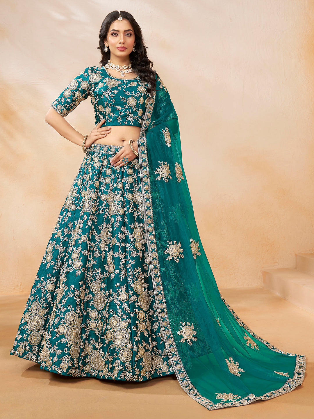 DazzlingÃƒâ€šÃ‚Â Teal Green Embroidered Silk Engagement Wear Lehenga Choli