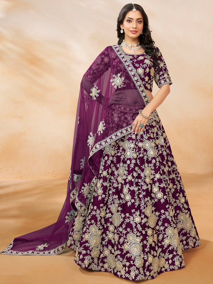 SpectacularÃƒâ€šÃ‚Â Wine Embroidered Silk Wedding Wear Lehenga Choli