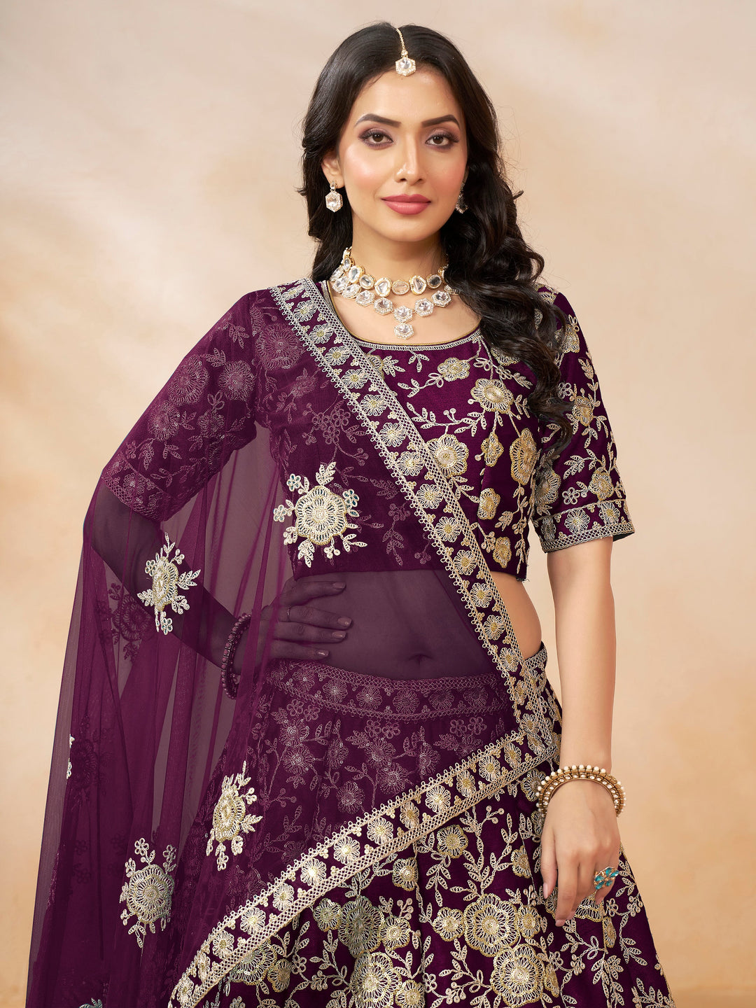 SpectacularÃƒâ€šÃ‚Â Wine Embroidered Silk Wedding Wear Lehenga Choli