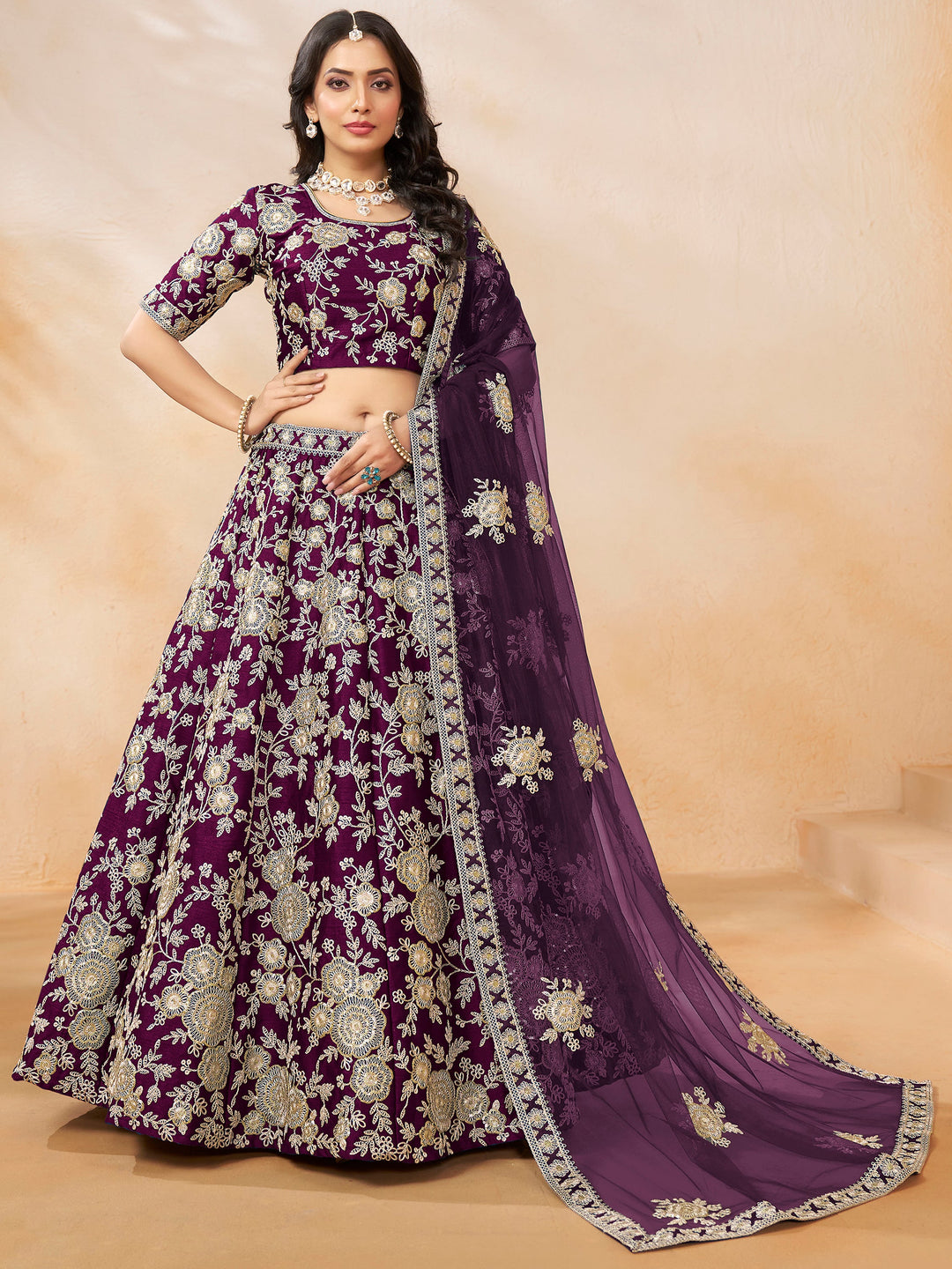 SpectacularÃƒâ€šÃ‚Â Wine Embroidered Silk Wedding Wear Lehenga Choli