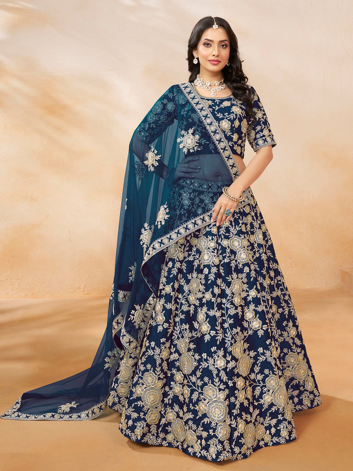 AstonishingÃƒâ€šÃ‚Â Blue Embroidered Silk Engagement Wear Lehenga Choli