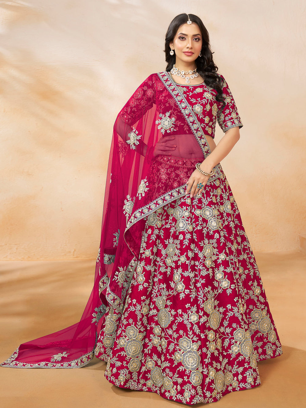 Beautiful Pink Embroidered Silk Wedding Lehenga Choli With Dupatta