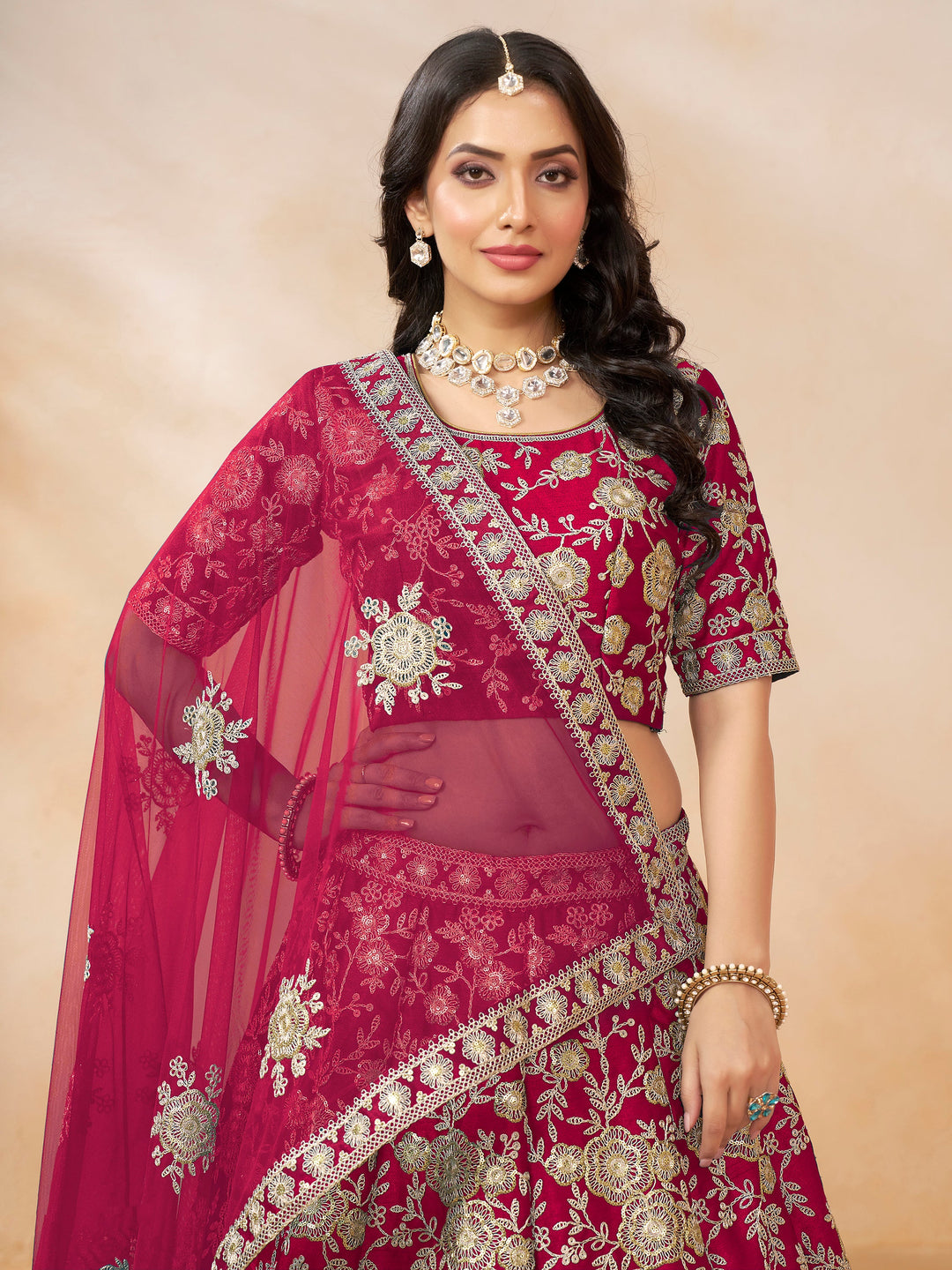 Beautiful Pink Embroidered Silk Wedding Lehenga Choli With Dupatta