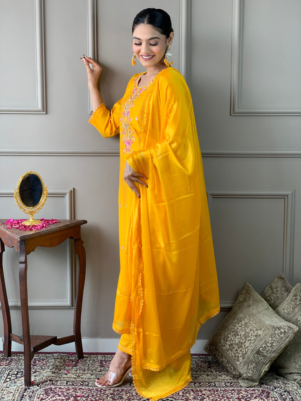 Attractive Yellow Embroidered Chanderi Silk Readymade Pant Suit