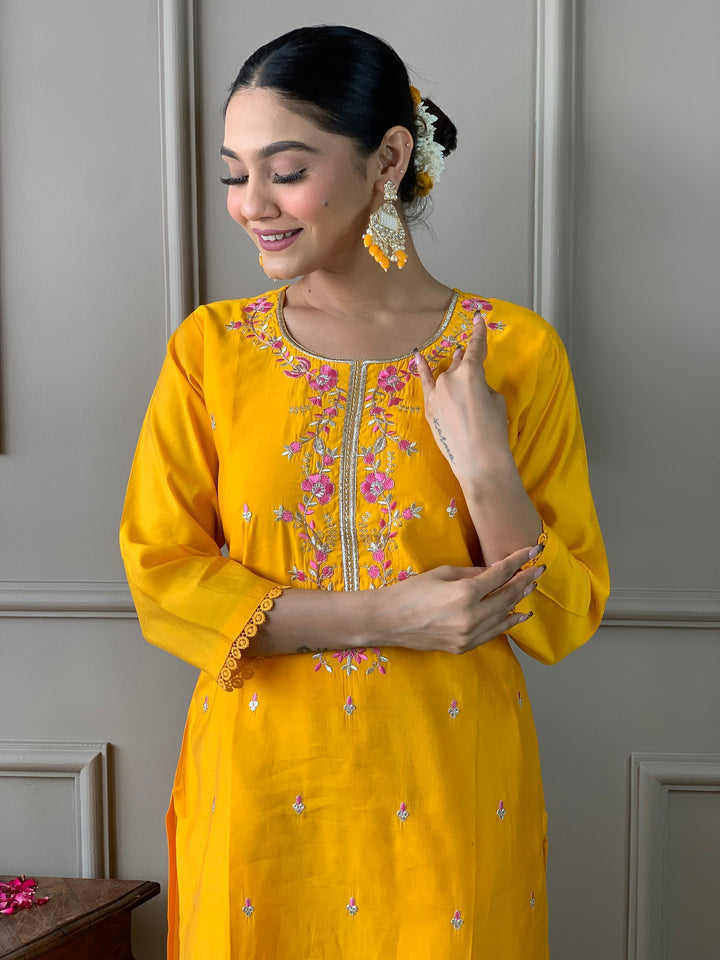 Attractive Yellow Embroidered Chanderi Silk Readymade Pant Suit