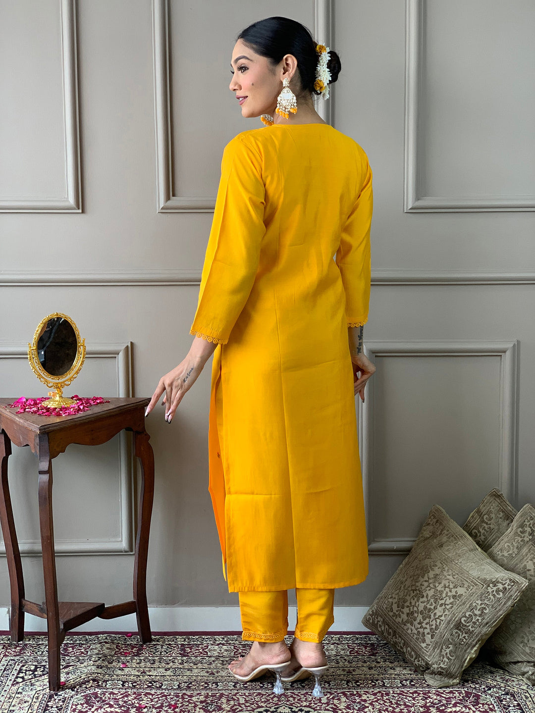 Attractive Yellow Embroidered Chanderi Silk Readymade Pant Suit