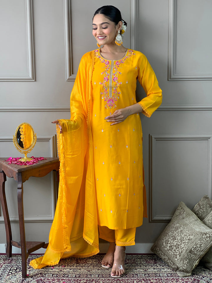 Attractive Yellow Embroidered Chanderi Silk Readymade Pant Suit