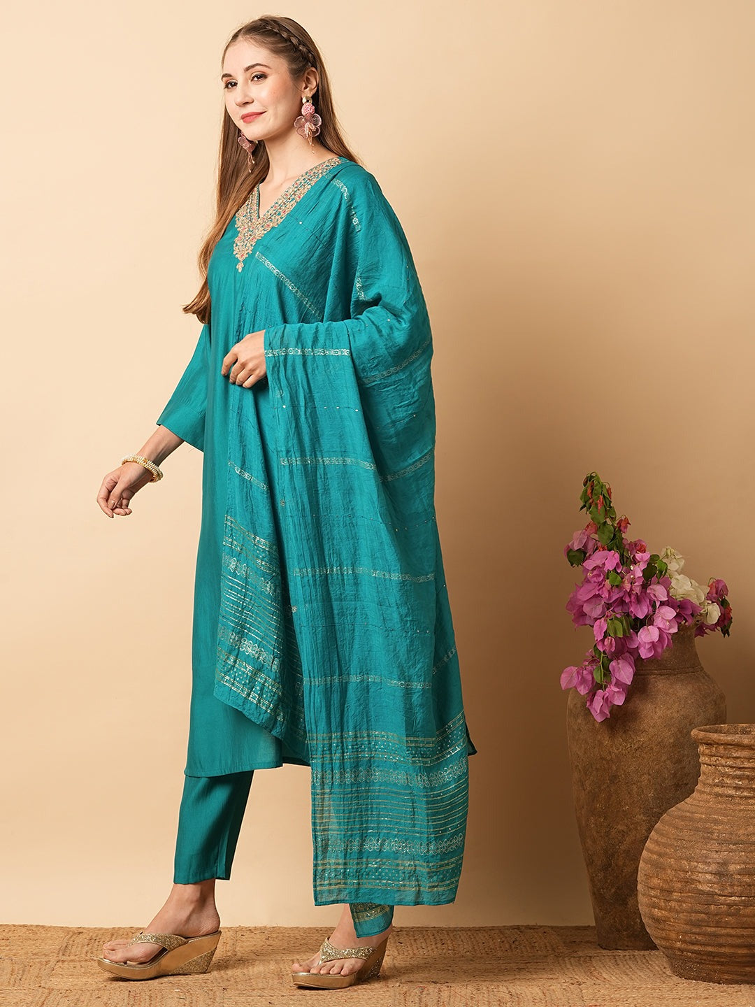 Elegant Teal Blue Viscose Chanderi Salwar Kameez with Embroidered Detailing | Festive Wear for Women