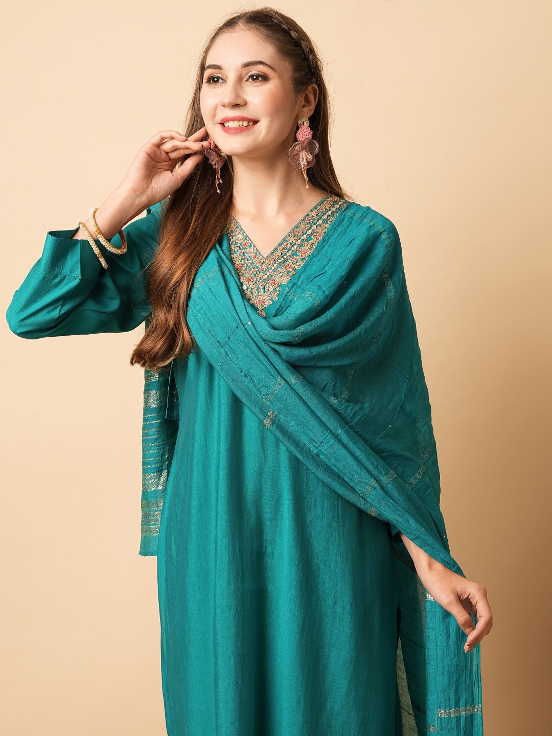 Elegant Teal Blue Viscose Chanderi Salwar Kameez with Embroidered Detailing | Festive Wear for Women