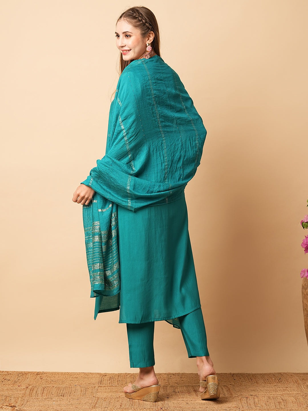 Elegant Teal Blue Viscose Chanderi Salwar Kameez with Embroidered Detailing | Festive Wear for Women