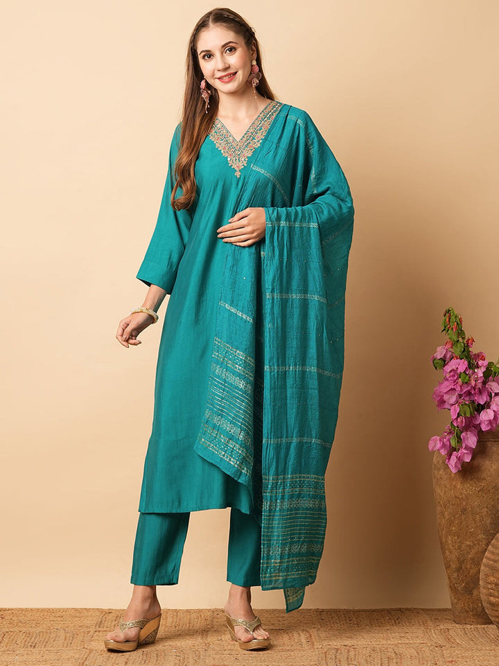 Adorable Teal Blue Embroidered Chanderi Silk Festival Wear Pant Suit