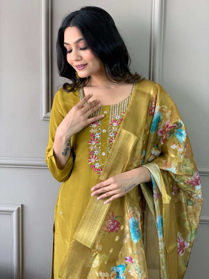 Elegant Mustard Viscose Chanderi Salwar Kameez with Embroidered Detailing | Festive Wear for Women