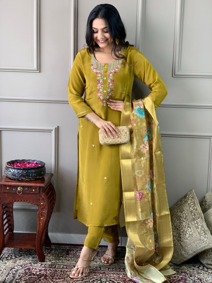 Elegant Mustard Viscose Chanderi Salwar Kameez with Embroidered Detailing | Festive Wear for Women