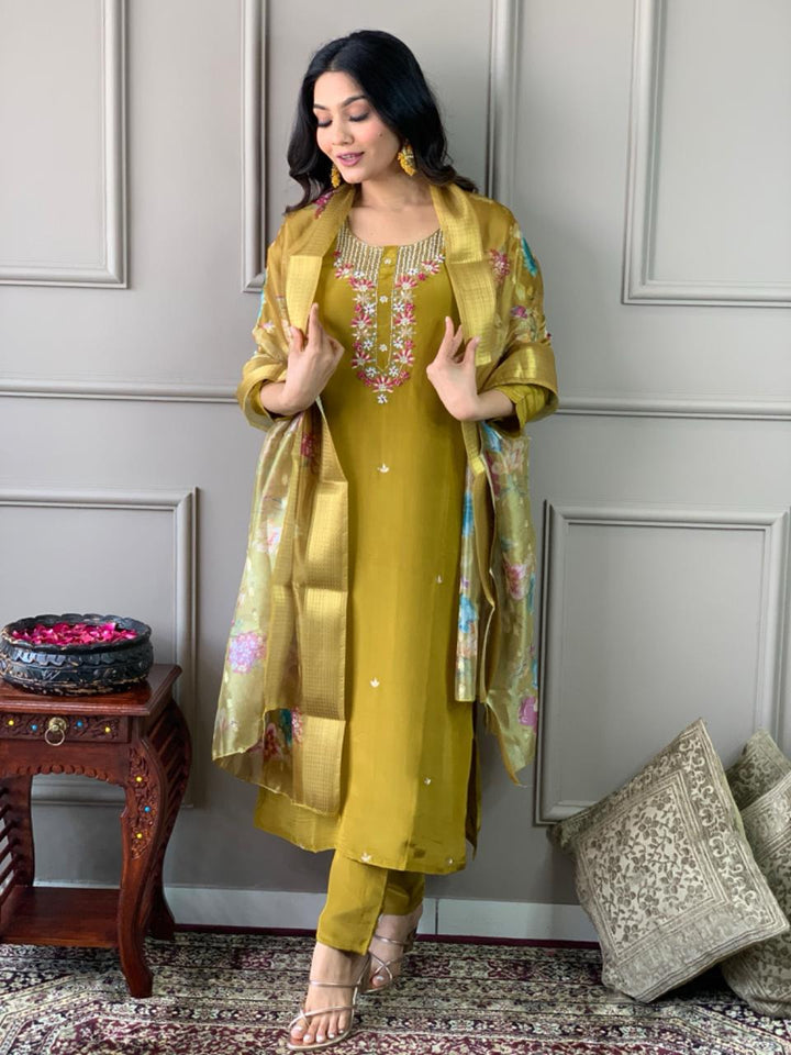 Elegant Mustard Viscose Chanderi Salwar Kameez with Embroidered Detailing | Festive Wear for Women