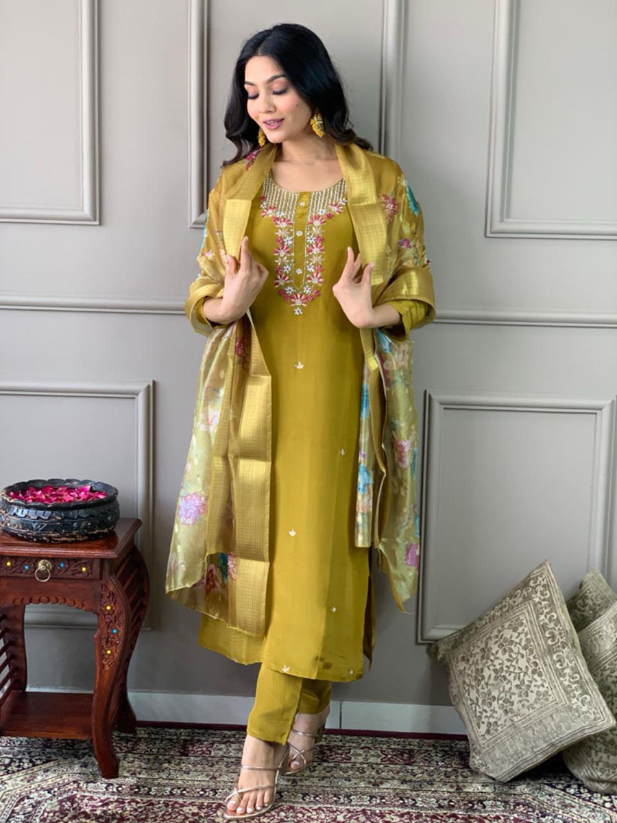 Charming Mustard Yellow Embroidered Chanderi Silk Traditional Pant Suit