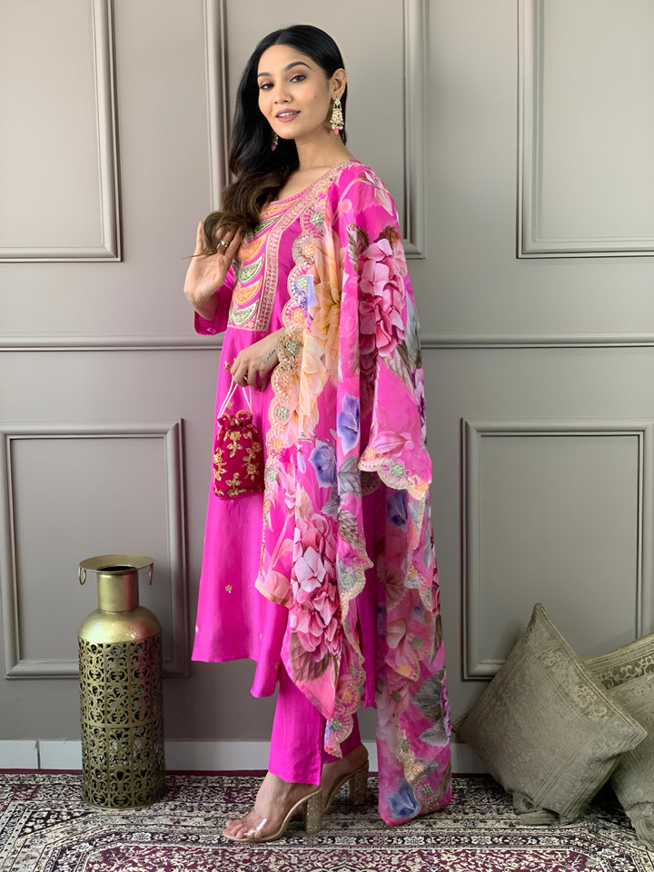 Elegant Pink Viscose Chanderi Salwar Kameez with Embroidered Detailing | Festive Wear for Women