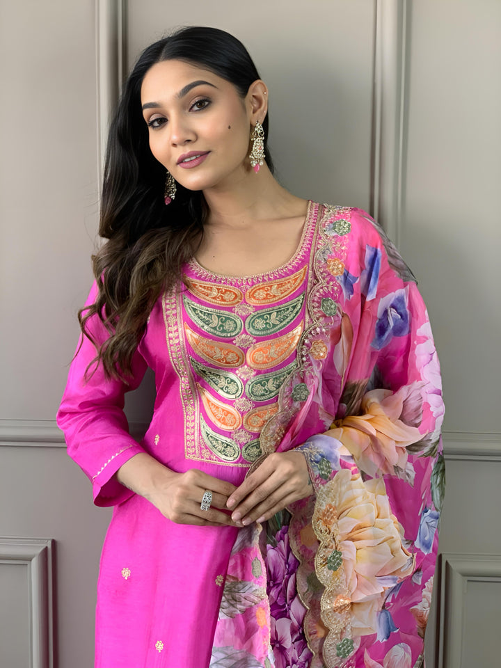 Elegant Pink Viscose Chanderi Salwar Kameez with Embroidered Detailing | Festive Wear for Women