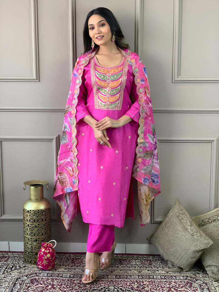 Elegant Pink Viscose Chanderi Salwar Kameez with Embroidered Detailing | Festive Wear for Women