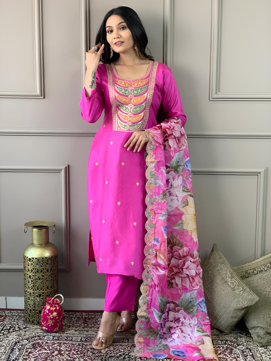 Elegant Pink Viscose Chanderi Salwar Kameez with Embroidered Detailing | Festive Wear for Women