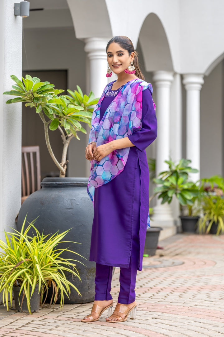 Elegant Purple Viscose Chanderi Salwar Kameez with Embroidered Detailing | Festive Wear for Women