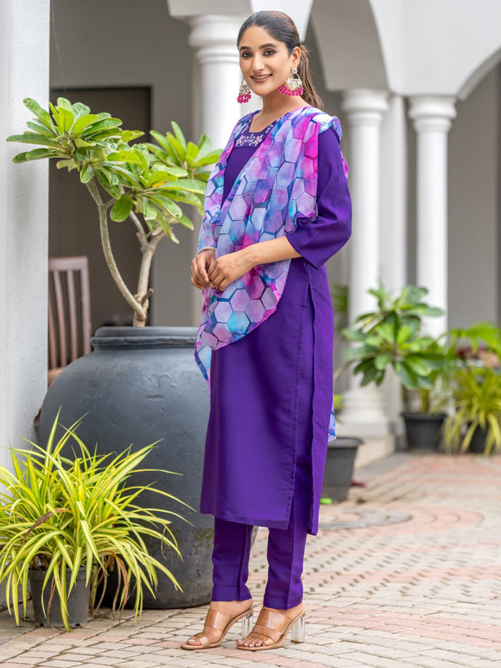 Lovely Purple Embroidered Rayon Readymade Pant Suit With Dupatta