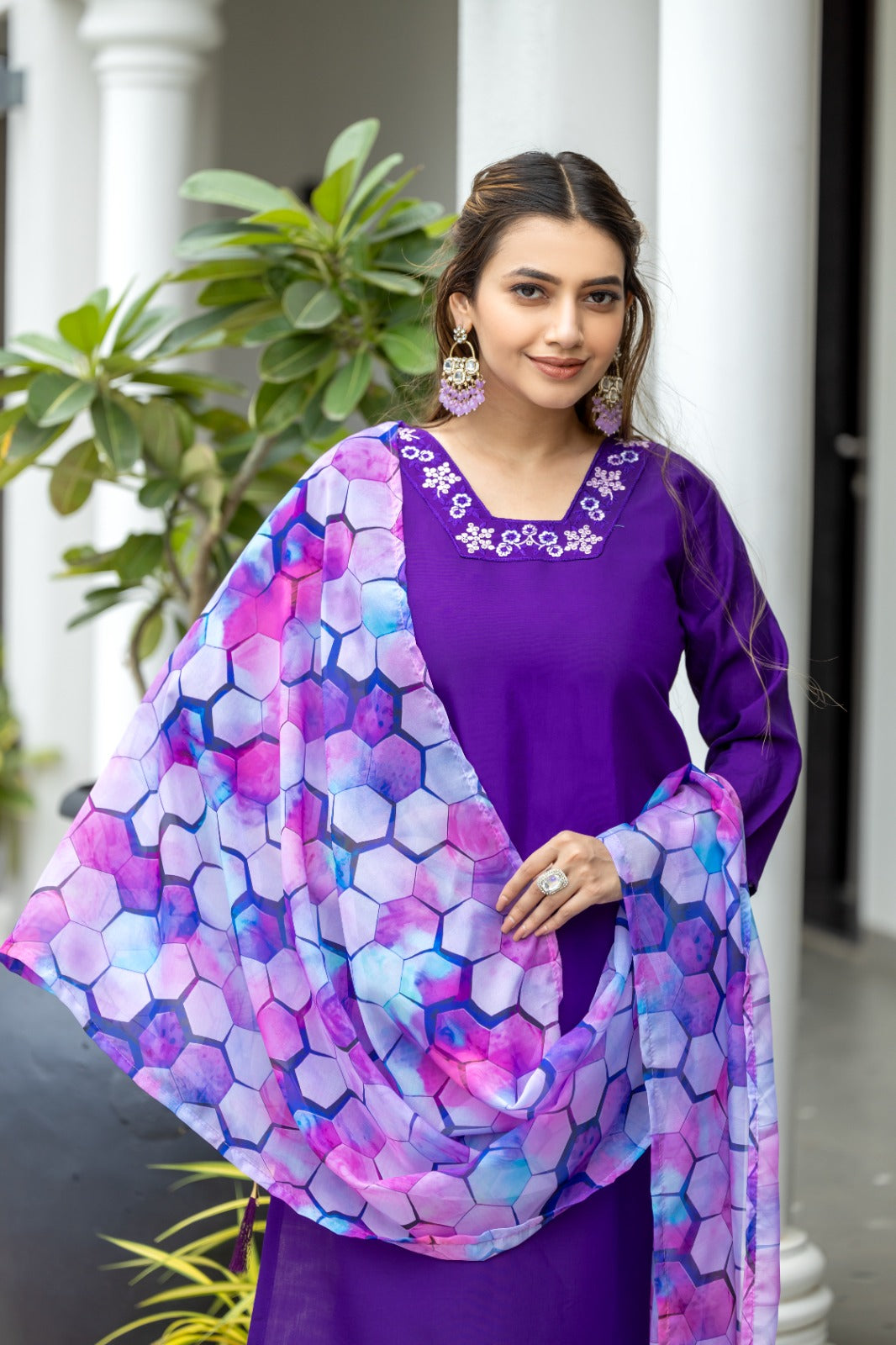 Elegant Purple Viscose Chanderi Salwar Kameez with Embroidered Detailing | Festive Wear for Women