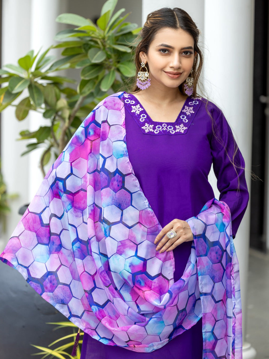 Lovely Purple Embroidered Rayon Readymade Pant Suit With Dupatta