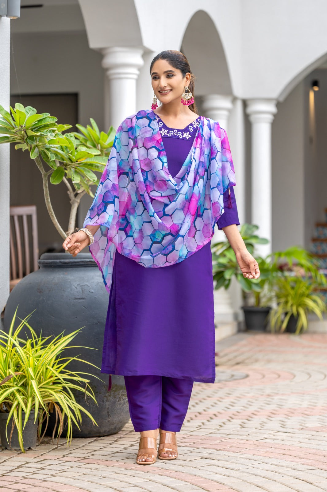 Elegant Purple Viscose Chanderi Salwar Kameez with Embroidered Detailing | Festive Wear for Women