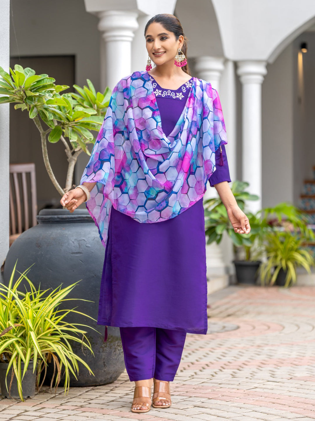 Lovely Purple Embroidered Rayon Readymade Pant Suit With Dupatta