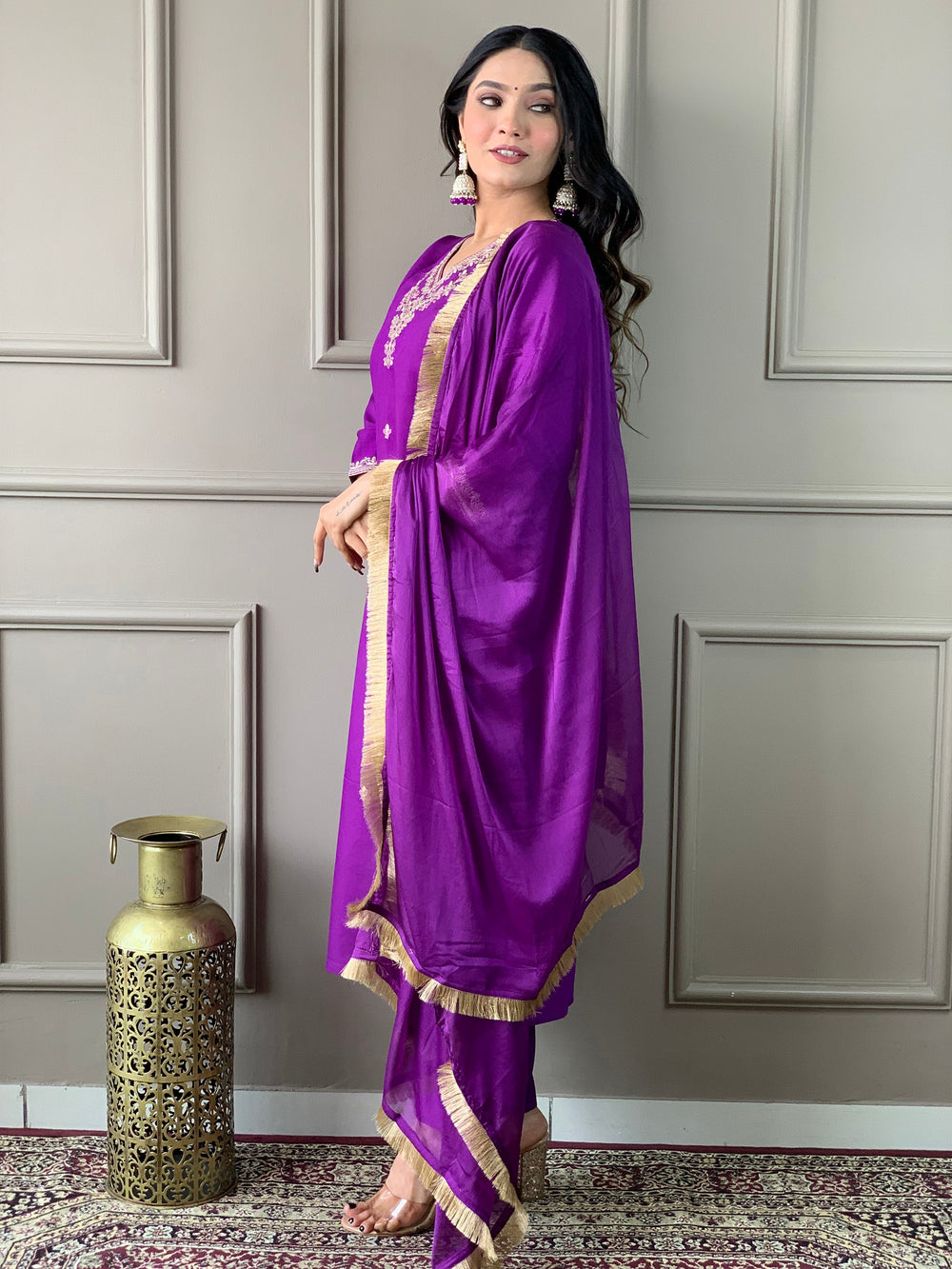 Precious Purple Embroidered Chanderi Silk Pant Suit With Dupatta