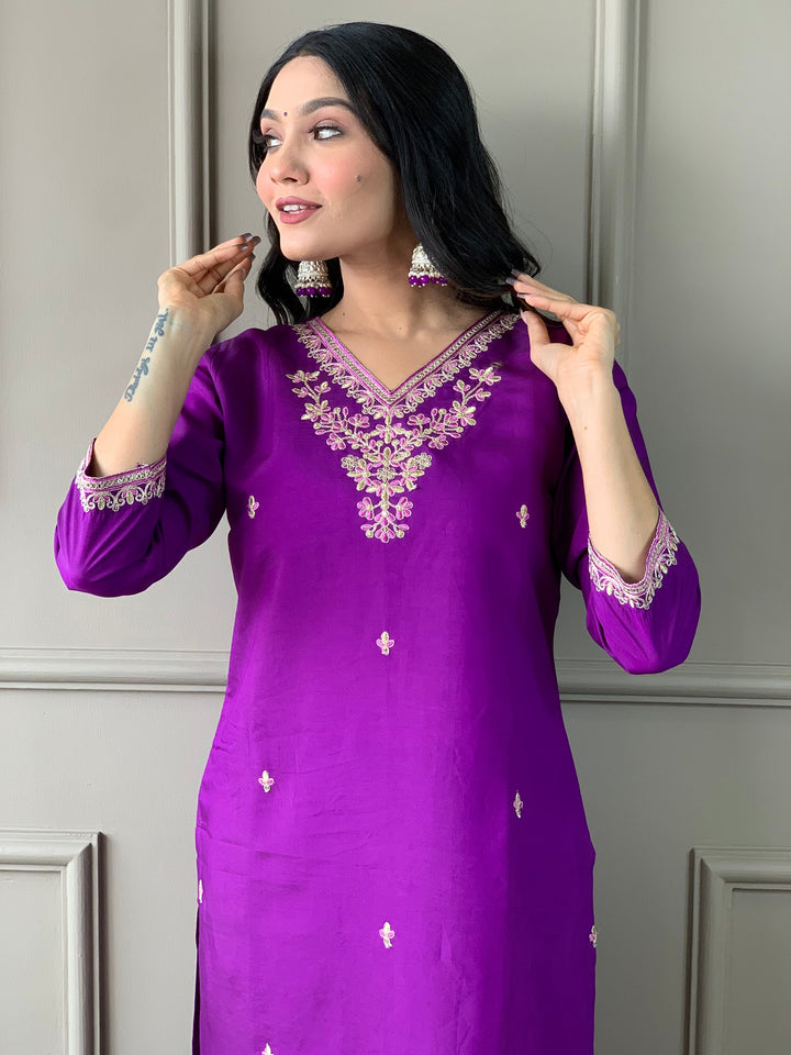 Precious Purple Embroidered Chanderi Silk Pant Suit With Dupatta