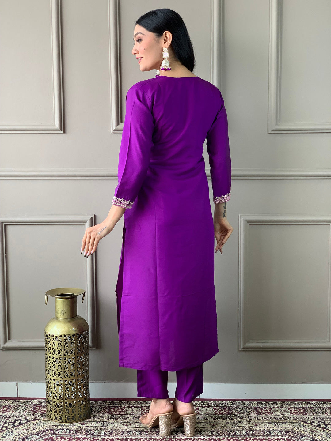 Precious Purple Embroidered Chanderi Silk Pant Suit With Dupatta