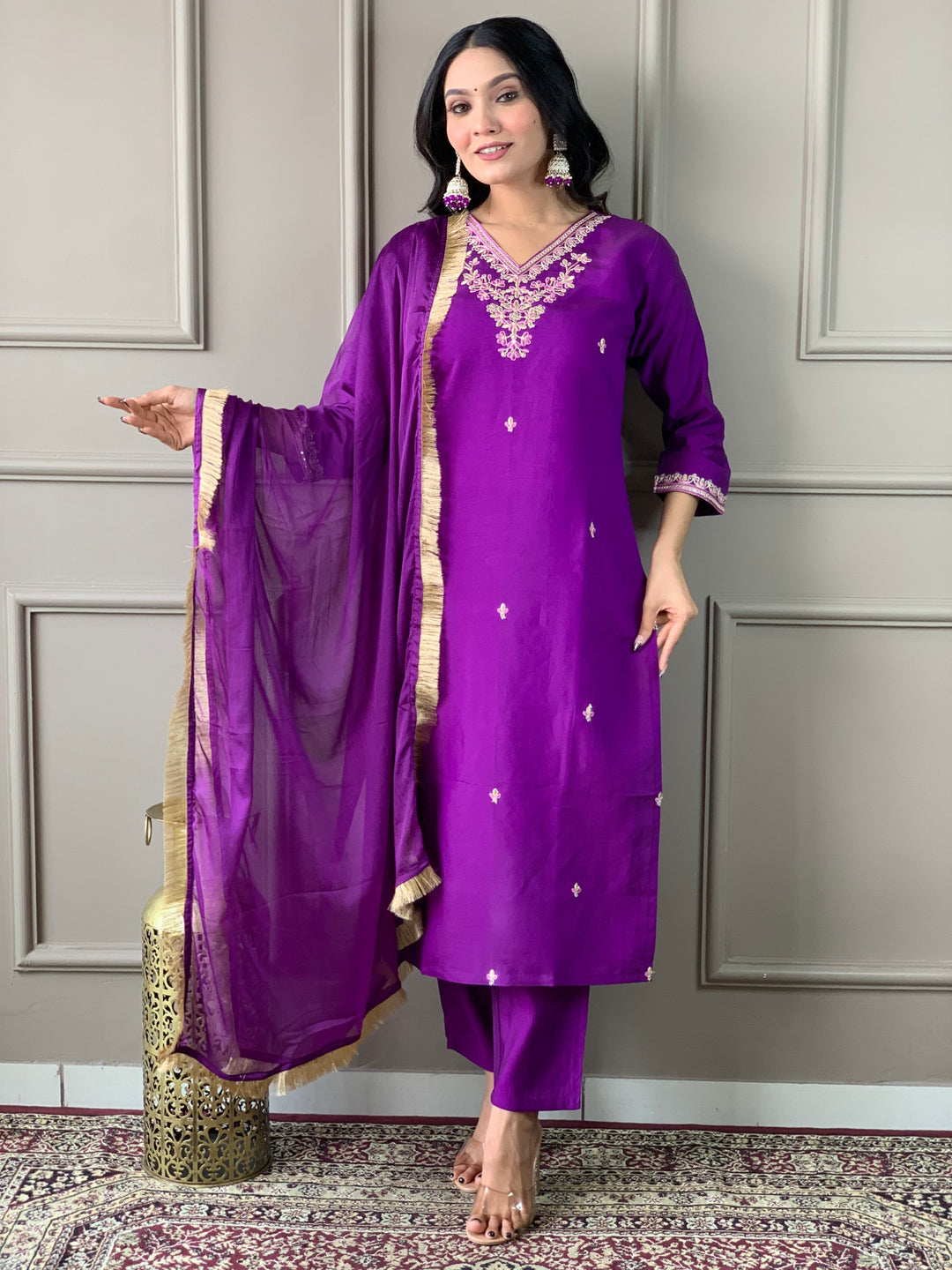 Elegant Violet Viscose Chanderi Salwar Kameez with Embroidered Detailing | Festive Wear for Women