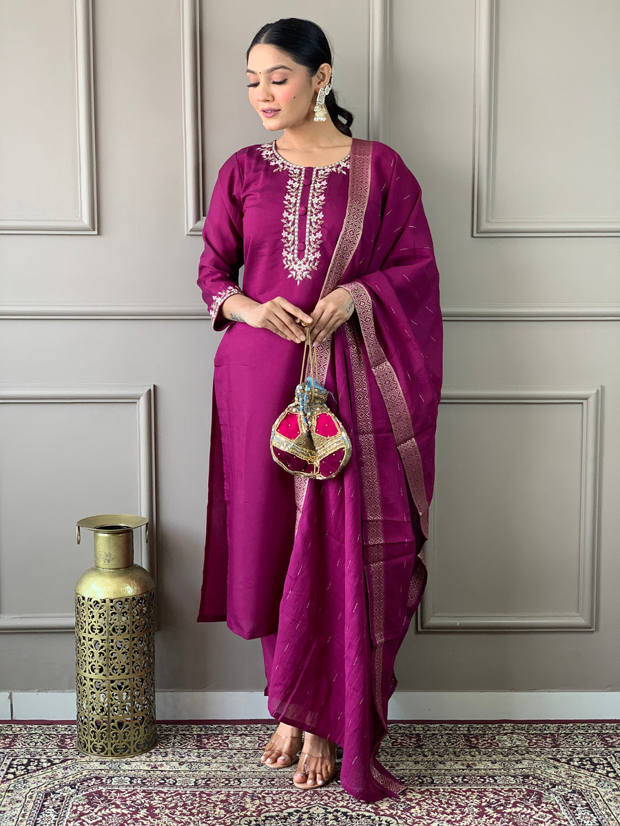 Stunning Burgundy Embroidered Chanderi Silk Readymade Pant Suit