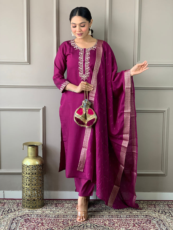 Stunning Burgundy Embroidered Chanderi Silk Readymade Pant Suit