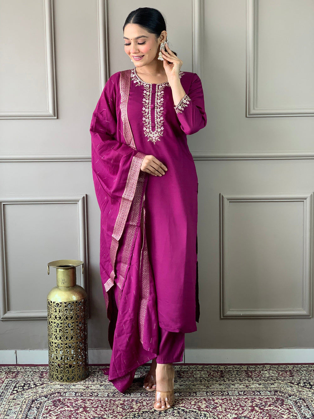 Stunning Burgundy Embroidered Chanderi Silk Readymade Pant Suit