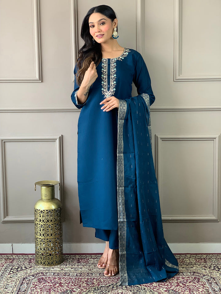 Captivating Blue Embroidered Chanderi Silk Festival Wear Pant Suit