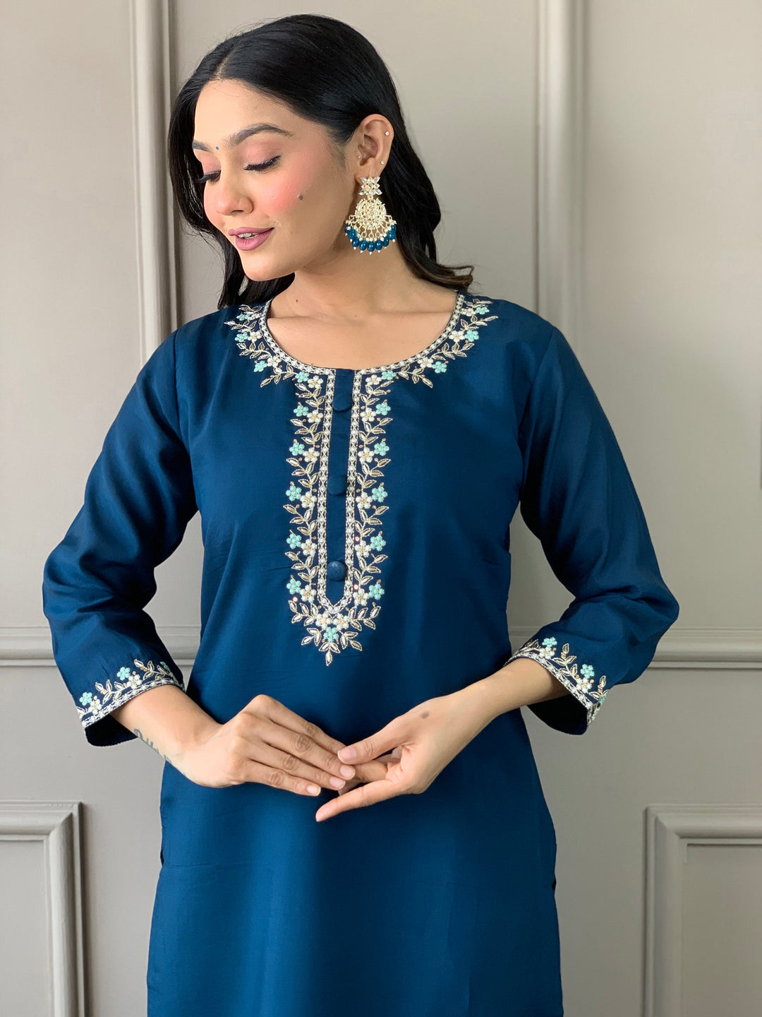 Captivating Blue Embroidered Chanderi Silk Festival Wear Pant Suit