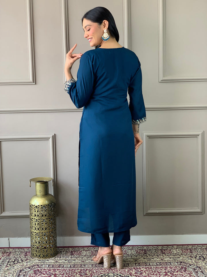 Captivating Blue Embroidered Chanderi Silk Festival Wear Pant Suit