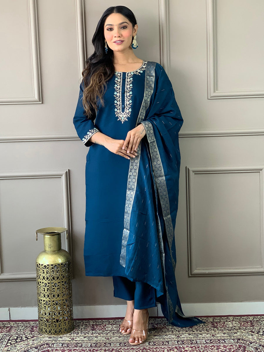 Captivating Blue Embroidered Chanderi Silk Festival Wear Pant Suit