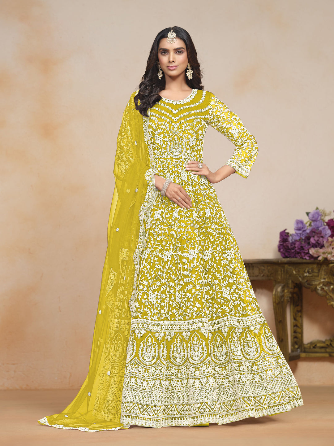 Designer Salwar Kameez with Intricate Embroidery in Net and Santoon | Perfect for Weddings and Celebrations