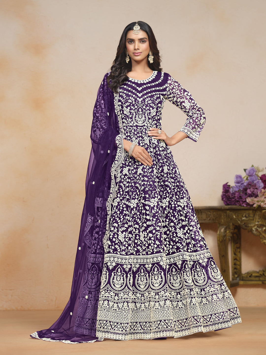 Designer Salwar Kameez with Intricate Embroidery in Net and Santoon | Perfect for Weddings and Celebrations