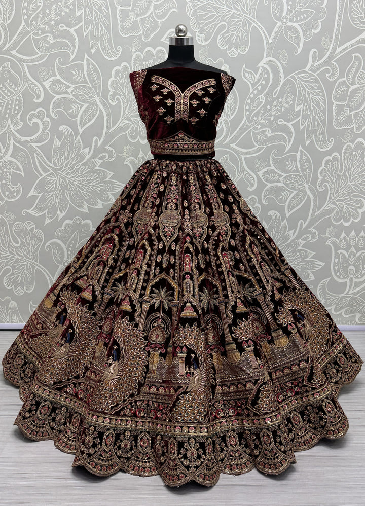 Velvet Lehenga with Intricate Thread & Sequin Embroidery | Elegant Ethnic Attire