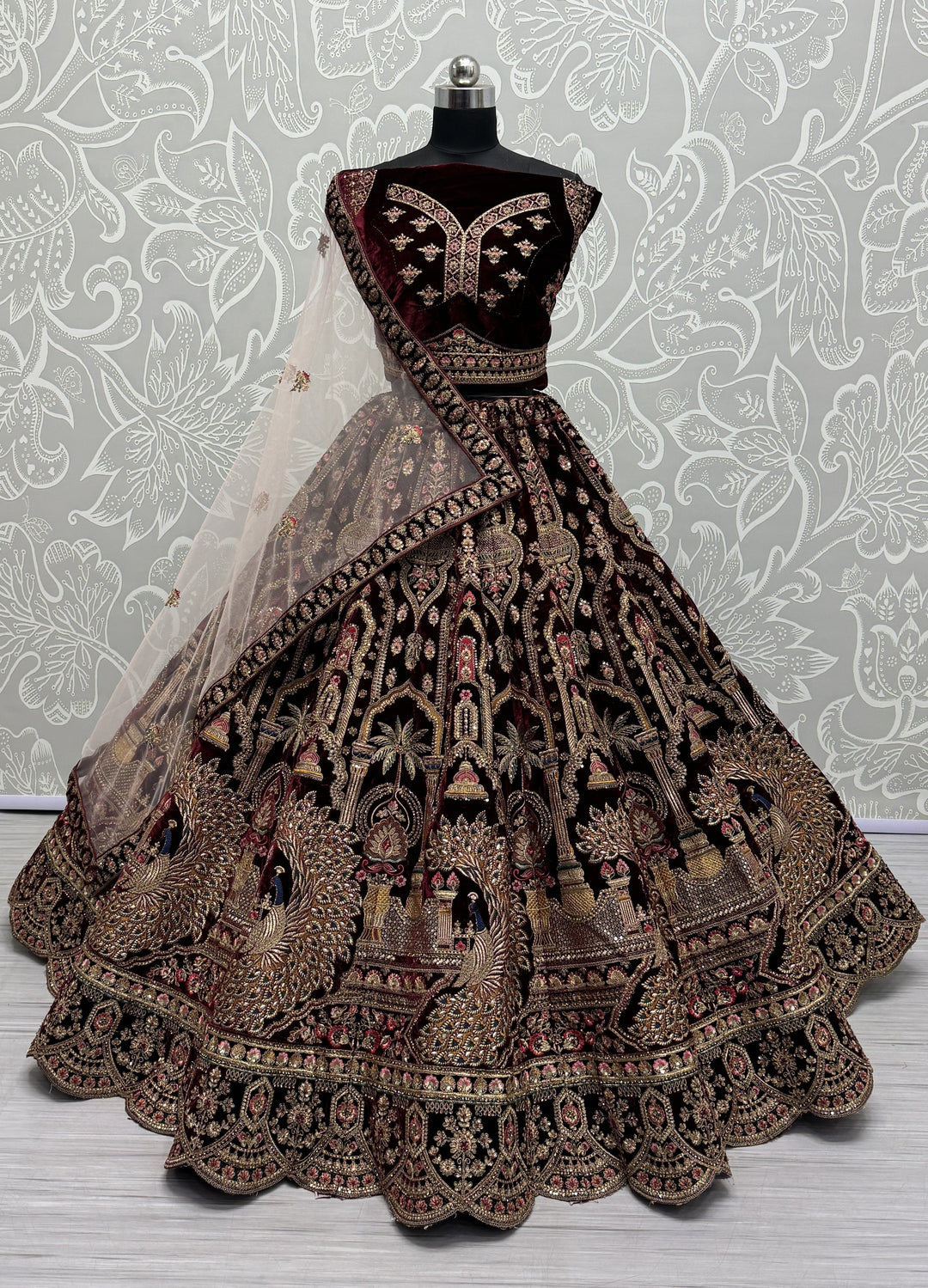 Velvet Lehenga with Intricate Thread & Sequin Embroidery | Elegant Ethnic Attire