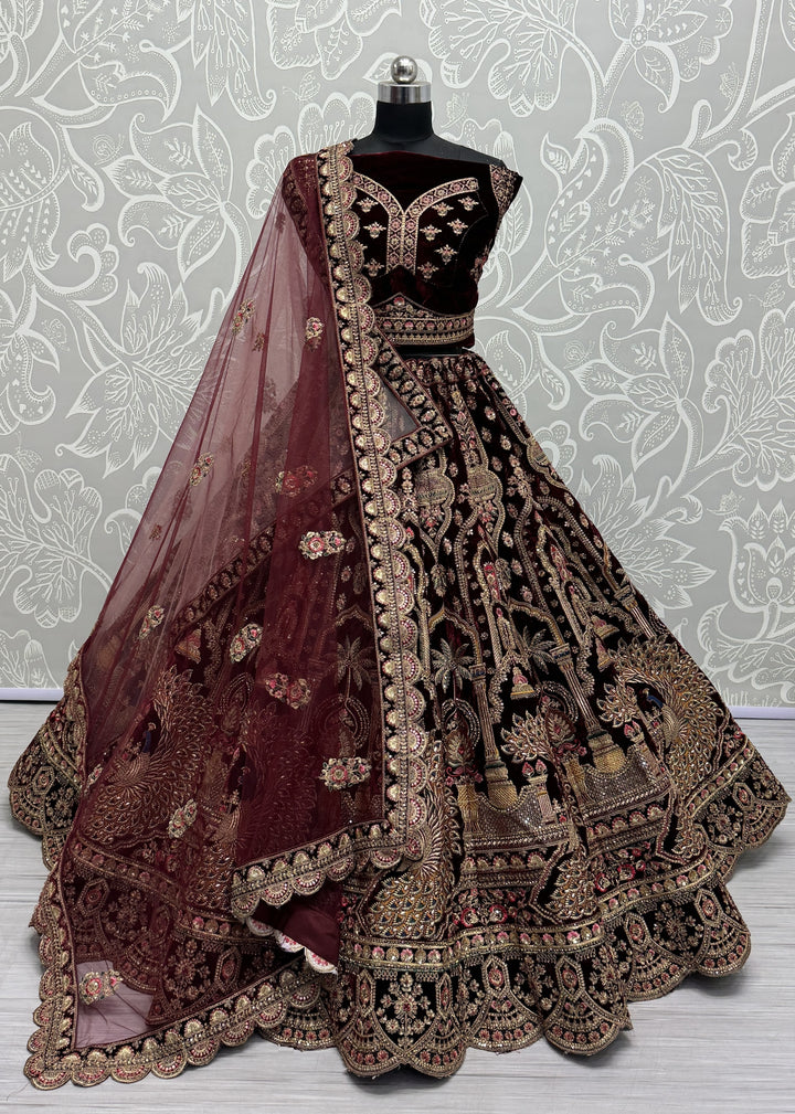 Velvet Lehenga with Intricate Thread & Sequin Embroidery | Elegant Ethnic Attire